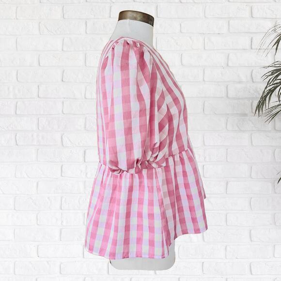 CROSBY Mollie Burch Jackie Puff Sleeve V-neck Top Medium Pink White Gingham - Picture 3 of 10